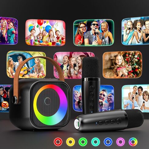 آلة كاريوكي صغيرة للأطفال والكبار، مكبر صوت بلوتوث محمول مع 2 ميكروفونات لاسلكية، مجموعة ميكروفون ومكبر صوت مع ضوء ديسكو للمنزل والحفلات المنزلية وهدية عيد الميلاد للفتيات والأولاد in Kuwait