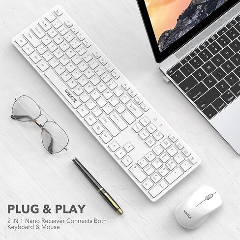 Wireless Keyboard and Mouse, WisFox 2.4GHz Full-Size Silent Keyboard with Numeric Keypad, Long Battery Life, Lag-Free, Slim USB Cordless Mouse Keyboard Combo for PC Laptop Computer Windows (White) in Saudi Arabia