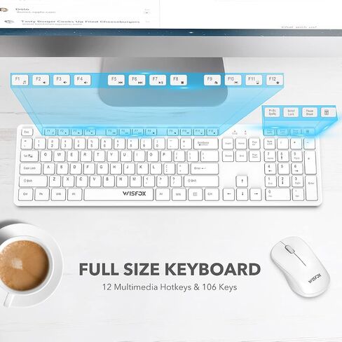 Wireless Keyboard and Mouse, WisFox 2.4GHz Full-Size Silent Keyboard with Numeric Keypad, Long Battery Life, Lag-Free, Slim USB Cordless Mouse Keyboard Combo for PC Laptop Computer Windows (White) in Saudi Arabia