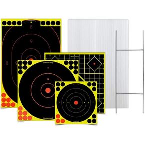 BIRCHWOOD CASEY Sharpshooter Stand & Target Kit for Shooting - Metal Wire Frame, 12" x 18" Backer Board & 4 Shoot-N-C Reactive Targets with 54 Pasters - Great for Backyard Plinking