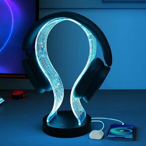 Ammonite Light Up Headphone Stand, 16 Color Lights Gaming Desk Accessory with 1 USB Charging Port and 1 Type-C Charging Ports, USB Power and PCB Pattern, Gifts for Gamers Boyfriend Boy Man