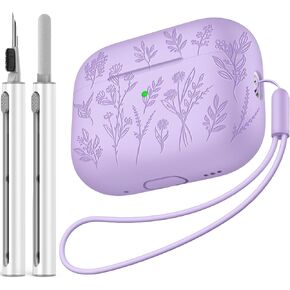 حافظة منقوشة بالزهور لهاتف Airpods Pro 2، حافظات حماية من السيليكون الناعم مع مجموعة منظف وحبل متوافق مع AirPod Pro الجيل الثاني، شاشة LED أمامية مرئية، أرجواني in Kuwait