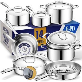 LEGEND COOKWARE 5 Ply Stainless Steel Pots and Pans Set | 14-Piece, Induction, Non-Toxic, Oven Safe | Best 18/0 Full Clad | Professional Kitchen Cooking, Heavy Chef Quality | PFOA, PTFE & PFOS Free