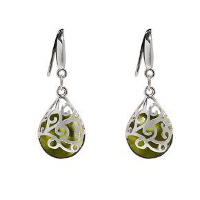 Recycled Early 1900's Olive Green Wine Bottle Glass and Sterling Silver Filigree Teardrop Earrings