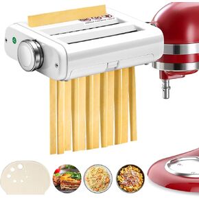 مرفق معكرونة 3 في 1 لخلاط حامل KitchenAid يتضمن بكرة ورق المعكرونة، قطاعة السباغيتي، قطاعة فيتوتشيني، صانع من الفولاذ المقاوم للصدأ، فرشاة تنظيف مع مكشطة قطاعة العجين من KOYOEY