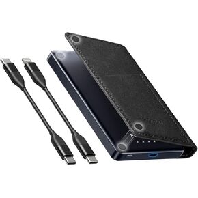 Portable Wallet Power Bank Slim 5000mAh Travel Essentials Battery Charger with USB C and Lightning Cables for iPhone, iPad, Samsung, Pixel, LG, Moto, Android, Compatible with Multiple Devices