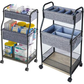 Baby Diaper Caddy Cart Organizer -3 Tier, Bedside Nursery Essentials Cart & Storage Holder for Newborn Baby Stuff, 2+1 Dividers, 1 Drawer,Rolling Utility Cart for Bedroom,Changing Table, Crib