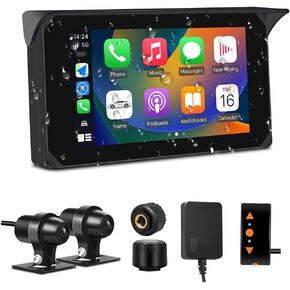 كاميرا VSYSTO اللاسلكية Carplay للدراجات النارية مع شاشة لمس 5 بوصات، وكاميرا أمامية وخلفية IMX307، ومراقبة مواقف السيارات، ونظام تحديد المواقع العالمي، ومستشعر ضغط الإطارات (CS5 Pro)