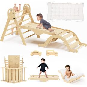 Pikler Triangle Set with Cushion, Indoor Climbing Toys, Montessori Climbing Set, Climbing Toys for Toddlers 1-3 Inside, 9 Combinations Indoor Playground Jungle Gyms