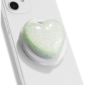 OnTheGrip Compatible with Magsafe Cute Glitter Resin Heart Design Collapsible Expandible Mobile Phone Grip Stand Holder for Smartphone Tablet Cell Phone Accessory (Mint)