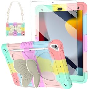 BLOSOMEET Pink Kids Case for iPad 9th/8th/7th Generation 2021/2020/2019 10.2 Inch with Tempered Glass Screen Protector & Butterfly Stand Cover for iPad 10.2 with Shoulder Strap Pencil Holder