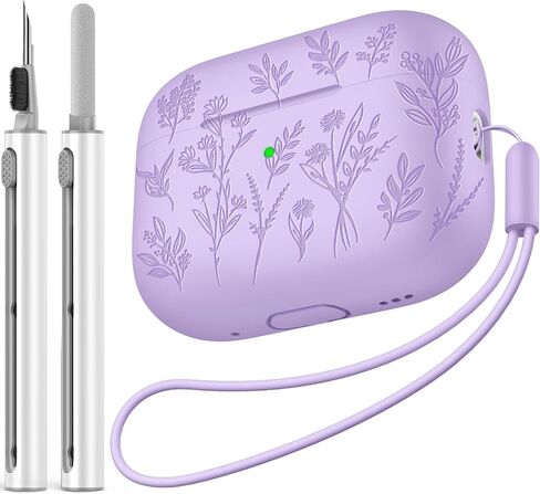 حافظة منقوشة بالزهور لهاتف Airpods Pro 2، حافظات حماية من السيليكون الناعم مع مجموعة منظف وحبل متوافق مع AirPod Pro الجيل الثاني، شاشة LED أمامية مرئية، أرجواني in Kuwait