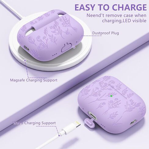 حافظة منقوشة بالزهور لهاتف Airpods Pro 2، حافظات حماية من السيليكون الناعم مع مجموعة منظف وحبل متوافق مع AirPod Pro الجيل الثاني، شاشة LED أمامية مرئية، أرجواني in Kuwait