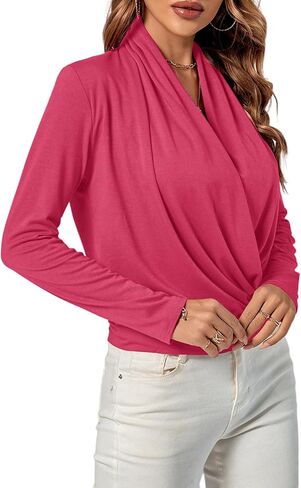 LYANER Women's Casual V Neck Cross Wrap Long Sleeve Solid Blouse Shirt Top in Saudi Arabia