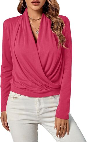 LYANER Women's Casual V Neck Cross Wrap Long Sleeve Solid Blouse Shirt Top in Saudi Arabia