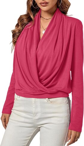LYANER Women's Casual V Neck Cross Wrap Long Sleeve Solid Blouse Shirt Top in Saudi Arabia