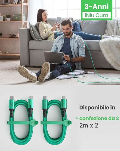 كابل شحن INIU USB C، [6.6أقدام، أخضر] سلك شاحن من النوع C من قطعتين لهواتف iPhone 16 15 Samsung Galaxy S22 S10 Note 20 Pixel 7 Huawei Xiaomi وMacBook وiMac وiPad والمزيد in Kuwait
