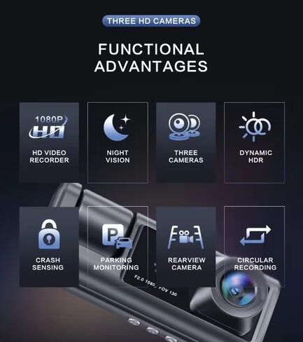 Dash Camera Front, Rear and Interior HD, Parking Assist, Night Vision, Loop Recording, Multi-Language Support, WiFi, 130° Wide-Angle in Saudi Arabia