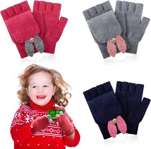 3 Pairs Kids Fingerless Gloves Winter Mittens Convertible Flip Top Warm Gloves for 7-12 Toddler in Kuwait
