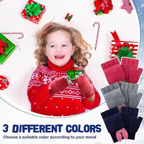 3 Pairs Kids Fingerless Gloves Winter Mittens Convertible Flip Top Warm Gloves for 7-12 Toddler in Kuwait