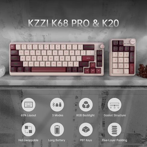 K68 Pro Gaming Keyboard, Layout Compact Wireless Mechanical Keyboard, Gasket Hot Swappable Custom BT 5.0/2.4G/USB-C Office Keyboard for Windows Mac (Purple-White, Eternity Tactile Switch) in Saudi Arabia