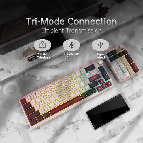 K68 Pro Gaming Keyboard, Layout Compact Wireless Mechanical Keyboard, Gasket Hot Swappable Custom BT 5.0/2.4G/USB-C Office Keyboard for Windows Mac (Purple-White, Eternity Tactile Switch) in Saudi Arabia