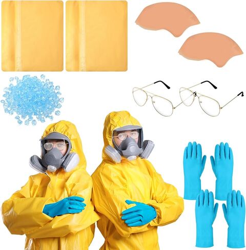 Panitay 5 قطع أزياء الهالوين Hazmat التأثيرية تتضمن بذلة صفراء وقفازات مطاطية زرقاء ونظارات لاصقة أصلع حزمة من الجسيمات الزرقاء للرجال البالغين وإكسسوارات الحفلات in Kuwait