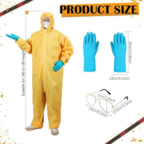 Panitay 5 قطع أزياء الهالوين Hazmat التأثيرية تتضمن بذلة صفراء وقفازات مطاطية زرقاء ونظارات لاصقة أصلع حزمة من الجسيمات الزرقاء للرجال البالغين وإكسسوارات الحفلات in Kuwait