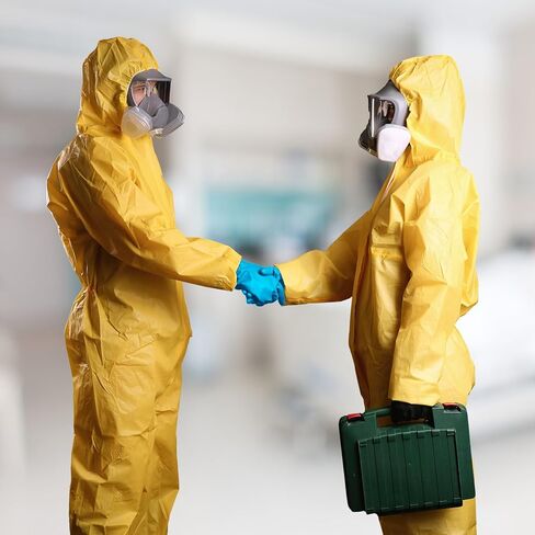 Panitay 5 قطع أزياء الهالوين Hazmat التأثيرية تتضمن بذلة صفراء وقفازات مطاطية زرقاء ونظارات لاصقة أصلع حزمة من الجسيمات الزرقاء للرجال البالغين وإكسسوارات الحفلات in Kuwait