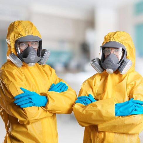 Panitay 5 قطع أزياء الهالوين Hazmat التأثيرية تتضمن بذلة صفراء وقفازات مطاطية زرقاء ونظارات لاصقة أصلع حزمة من الجسيمات الزرقاء للرجال البالغين وإكسسوارات الحفلات in Kuwait