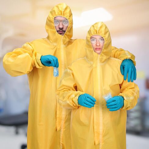 Panitay 5 قطع أزياء الهالوين Hazmat التأثيرية تتضمن بذلة صفراء وقفازات مطاطية زرقاء ونظارات لاصقة أصلع حزمة من الجسيمات الزرقاء للرجال البالغين وإكسسوارات الحفلات in Kuwait