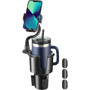Cup Holder Phone Holder, 2024 Upgraded 2 in 1 Car Cup Holder Expander with Adjustable Base Long Gooseneck 360° Rotation, Cup Phone Holder for Car Fits All Smartphones and Most Bottles