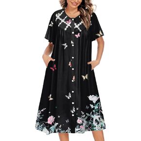 Ekouaer Women's Button Down Nightgown Short Sleeve House Dress Short House Coat Loose Duster Robe with Pockets S-4XL