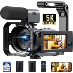 5K Dual Lens Video Camera Camcorder, 56MP 16X Digital Zoom WiFi 3" 270° Rotatable Touch Screen YouTube Vlogging Podcast Camera Recorder with 64GB SD Card, Tripod,Remote Control,Microphone
