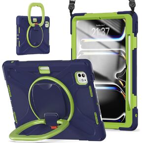 TSQQST for iPad Pro 11 Inch Case M4 2024 with Screen Protector, iPad Pro 11 Case 5th Generation with Pencil Holder, Military Grade Heavy Duty Shockproof Case with 360° Rotating Stand+Hand Strap, Black