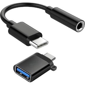 USB-C to 3.5mm Audio and USB-A Adapter Cables, 2 Pack, Black and Gold (Black Adapter+Black Stick)