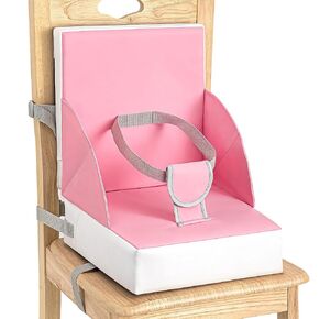 Toddler Booster Seat for Dining Table, Portable Kids Booster Seat with Safety Buckles, PU High Cushion for Travel with Non-Slip Bottom (Pink)