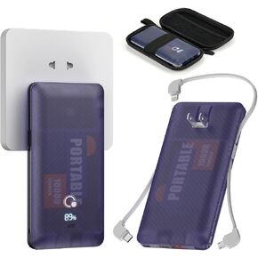 Brand Q 10000mAh Portable Charger with AC Wall Plug,Q Slim USB C 20W Power Bank Phone Charger,External Battery Pack with Built-in 3 Cables Compatible with Mobilephone, Tablet, Smart Device …