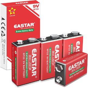9V Carbon Zinc Batteries - 9 Volt Batteries (4 Pack) for Smoke Detector, 9V 6F22 Square Battery with Long-Lasting Power for Household & Office
