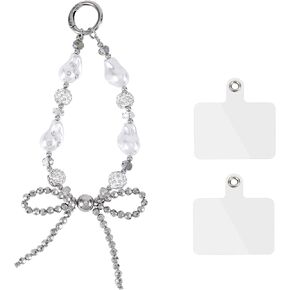 Beaded Phone Wrist Strap, White Cute Bow Knot Beaded Phone Charm Aesthetic Phone Chain Wristlet Anti-Lost Mobile Phone Bracelet Lanyard with 2pcs Tether Tabs for Phone Bag Purse Keychain
