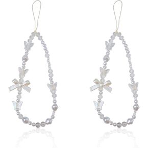 2pcs Bow Phone Charm, White Beaded Phone Chain Bow Cute Beaded Pearl Phone Bracelet Strap Anti-Lost Beaded Cell Phone Lanyard for Woman