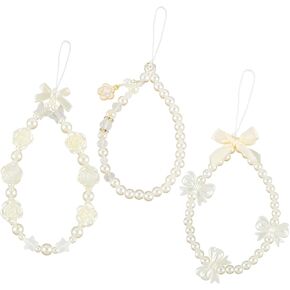 Framendino, 3 Pack Butterfly Bow Knot Beaded Phone Charm Bear Heart Phone Bracelet Wrist Strap Pearl Phone Strap Charms for Women Gift