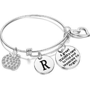Teacher Appreciation Gifts Teacher Initial Bracelet Thank You Teacher Bangle Bracelet Birthday Gift Christmas Gifts For Teacher (A)