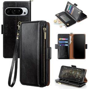 Antsturdy Compatible with Google Pixel 9 5G Wallet Case with Card Holder Women Men,Pixel 9 Pro Phone Case PU Leather Flip Protective Cover Wrist Strap Zipper Credit Card Slots RFID Blocking,Wine Red