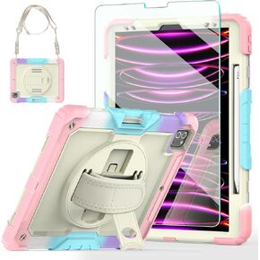 iPad Pro 12.9 inch Case 2022-2018 with 9H Tempered Glass Screen Protector, Ambison iPad pro 12.9 6th/5th/4th/3rd Generation Case Full Body Protective & 360° Rotatable Kickstand & Hand Strap(Black)
