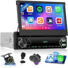 7 Inch Single DIN Car Stereo Stereo with Flip Touchscreen, Wireless Carplay Android Auto, Head Unit with BT USB SWC FM Radio, Backup Camera and Mic and Remote Control