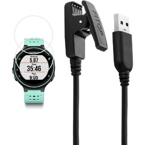 JIUJOJA for Garmin Forerunner 235 Charger 230 630 Charging Clip Sync Data Cable and 2Pcs Free HD Tempered Glass Screen Protector Replacement Charger for Garmin Forerunner 235 Smart Watch