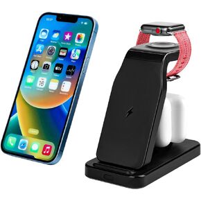 3 in 1 Fast Wireless Max 15W Charging Station for iPhone 16/15/14/13/12/Pro/Max/Plus/Ultra, Charger Stand Charging Dock for Apple Watch 9/8/7/6/5/4/3/Ultra/SE/SE2, Airpods 1/2/3/Pro/1/2