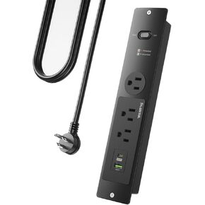 Recessed Power Strip, 6 FT Flush Mount Power Strip, PD 20W Fast Charging, Flat Plug, 14 Gauge, 980J Surge Protector, Black Recessed Power Strip with USB C
