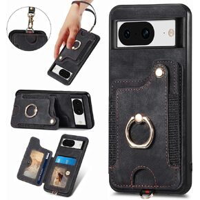 for Google Pixel 9 / Pixel 9 Pro Phone Case Wallet Card Holder,PU Leather Flip Folio Case,RFID Blocking Ring Holder Kickstand Wrist Strap Magnetic Protective Men Cover for Pixel 9 / Pixel 9 Pro Black